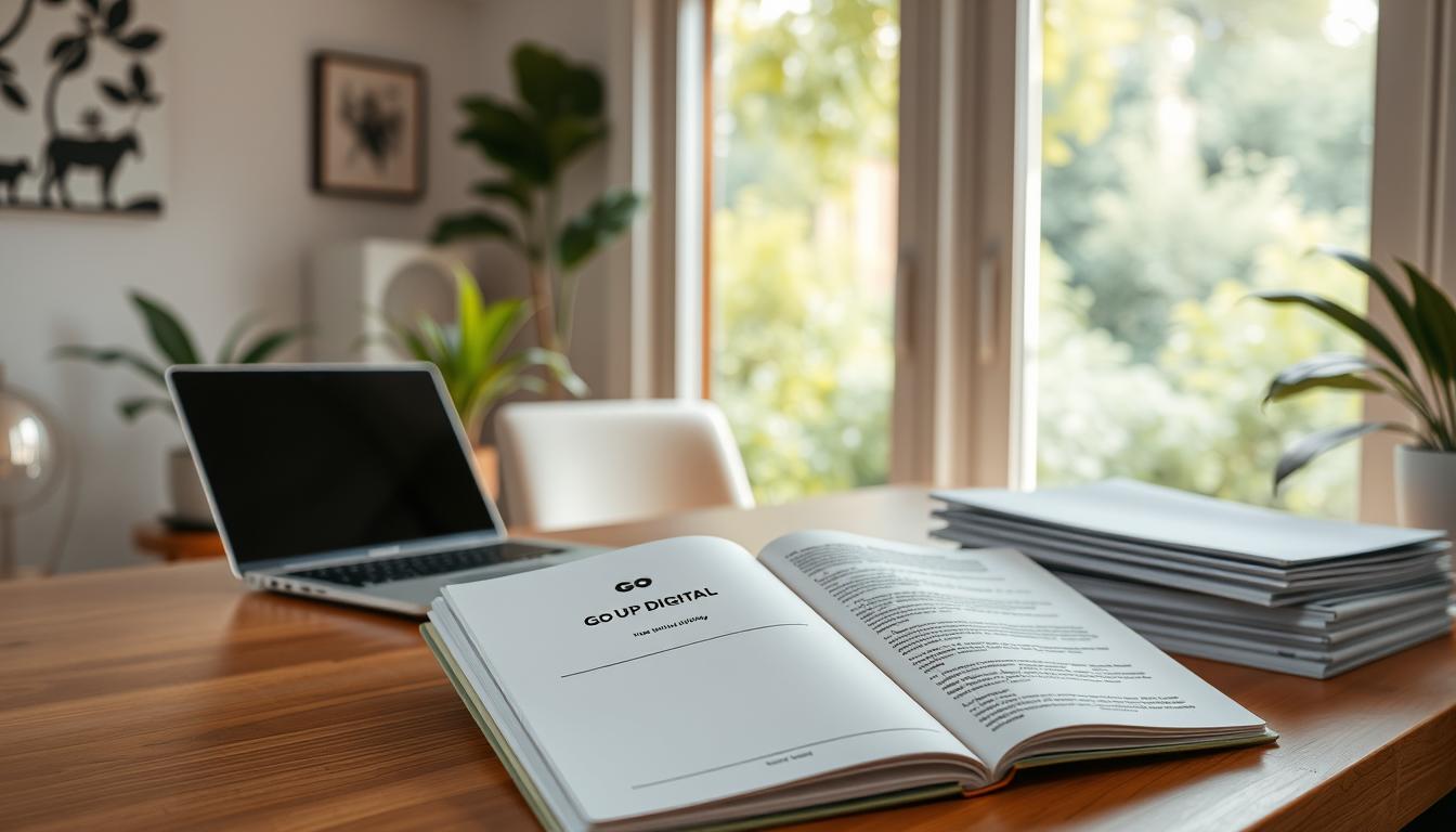A sleek, modern office workspace with a laptop, notepad, and various office supplies neatly arranged on a minimalist wooden desk. Soft, warm lighting illuminates the scene, creating a focused and productive atmosphere. In the background, a large whiteboard displays a detailed mind map, showcasing the methodical collection of information for a comprehensive briefing. The Origyn Digital logo is subtly displayed on the laptop's lid. The overall composition emphasizes the importance of a well-structured approach to gathering data for a professional briefing.