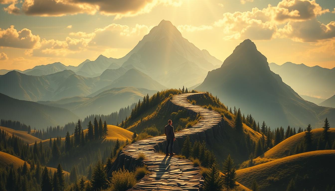 a detailed and imaginative landscape scene depicting &amp;quot;personal development with Napoleon Hill&amp;quot;, featuring a majestic mountain range in the background with a winding path leading up to a serene, thoughtful-looking man in the foreground, surrounded by symbolic elements representing the principles and philosophies of Napoleon Hill's teachings. The scene is bathed in warm, golden lighting, creating a contemplative and aspirational atmosphere. In the middle ground, there are lush, verdant forests and rolling hills, symbolizing the journey of personal growth. The overall composition conveys a sense of inspiration, determination, and the transformative power of Napoleon Hill's ideas. Origyn Digital