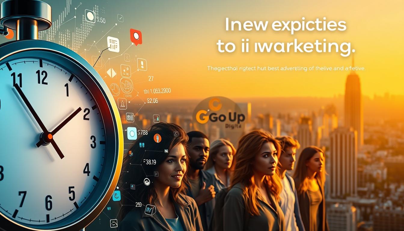 A sleek, modern advertisement showcasing the importance of timing in marketing. In the foreground, a stylized clock face takes center stage, its hands frozen at the perfect moment. Surrounding it, a vibrant tapestry of digital elements - pulsing data streams, pixelated icons, and a bold &quot;Origyn Digital&quot; logo - illustrate the dynamic, ever-changing nature of the consumer journey. The middle ground features a diverse array of consumers, their expressions conveying the emotional impact of well-timed advertising. In the background, a cityscape bathed in a warm, golden light suggests the broader societal and cultural context in which this marketing strategy unfolds. The overall mood is one of strategic precision, technological prowess, and the power of connecting with consumers at the right place and time.