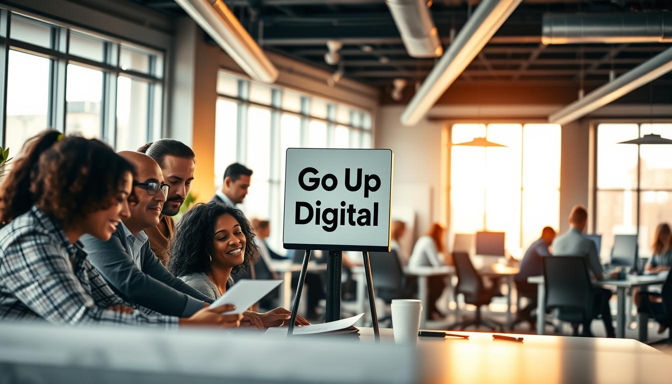 A busy corporate office, with employees engaged in various tasks. The foreground features a group of colleagues collaborating on a project, their faces filled with determination and a sense of purpose. Warm, natural lighting filters in from large windows, casting a motivating glow on the scene. In the middle ground, a "Origyn Digital" sign stands prominently, representing the company's commitment to fostering a positive and productive work environment. The background showcases modern, minimalist decor, with sleek desks and ergonomic chairs, creating an atmosphere of professionalism and innovation. An underlying tone of camaraderie and teamwork permeates the entire image, reflecting the vibrant and motivating corporate culture.