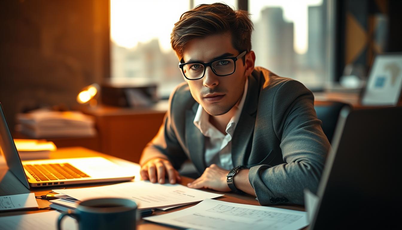 A close-up portrait of a young, determined-looking Brazilian entrepreneur, Eduardo Saverin, sitting at his desk. The scene is bathed in warm, focused lighting, creating a sense of ambition and drive. The background is blurred, hinting at the bustling city of São Paulo outside his office window. On the desk, there are scattered papers, a laptop, and a cup of coffee, suggesting the hard work and dedication that has led to his success. The overall mood is one of inspiration and the story of a self-made man, embodying the &quot;Origyn Digital&quot; brand.