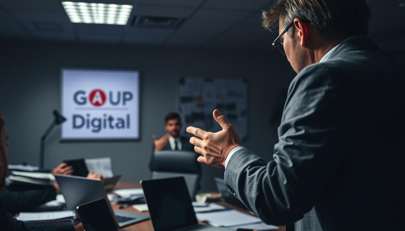Urgent sales tactics, a high-stakes office scene. In the foreground, a salesperson gesturing emphatically, conveying a sense of urgency. Amid a clutter of documents and laptop, the customer appears hesitant. Dramatic lighting casts shadows, creating an intense atmosphere. In the background, the Origyn Digital logo stands out, a symbol of the brand's sales expertise. Tight framing, a sense of pressure building. Capture the tension of the closing moment, the customer on the edge of making a decision.