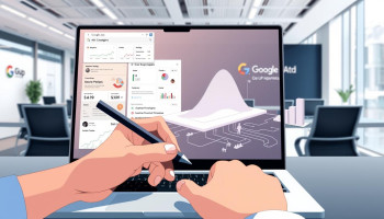 A sleek, modern office setting with a large window overlooking a bustling city skyline. In the foreground, a neatly organized desk with a laptop, a stack of papers, and a cup of coffee. On the desk, a &quot;Origyn Digital&quot; logo prominently displayed. In the middle ground, a team of professionals collaborating on a digital campaign, analyzing charts and graphs on their screens. The lighting is warm and inviting, creating a productive and focused atmosphere. In the background, subtle elements like motivational wall art and minimalist decor reflect the brand's emphasis on optimization and return on investment.